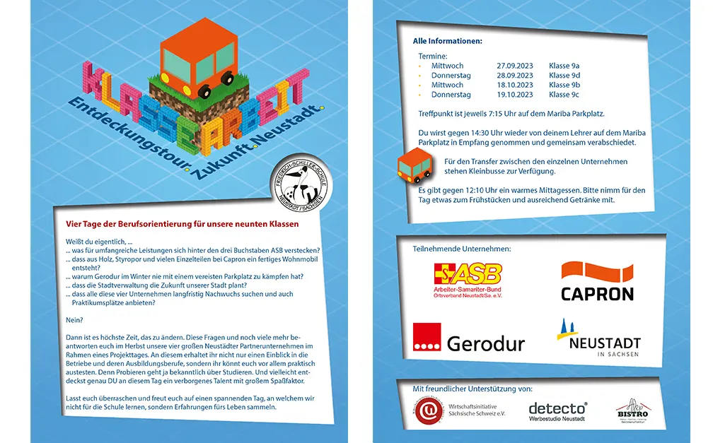Flyer für das Neustädter KlasseArbeit Projekt mit Zeitplan und Hinweisen zur Gewinnung von Auszubildenden