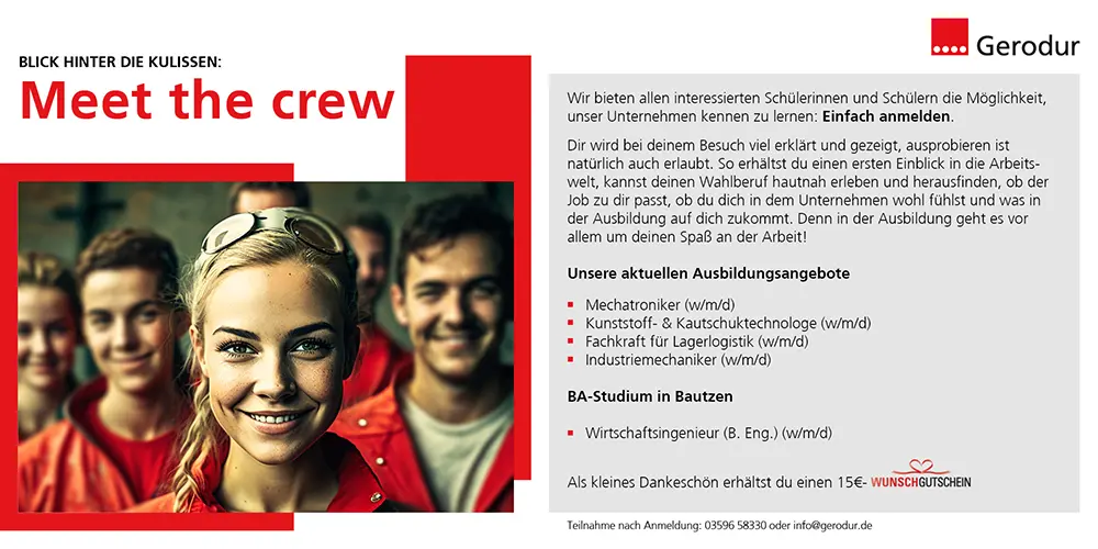 Flyer für MeettheCrew Veranstaltung mit jungen Mitarbeitern und Beschreibung des Ausbildungsangebotes